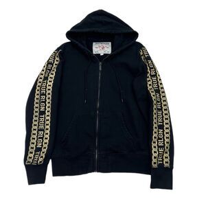 True Religion Hoodie Mens Small Black Gold Chain Spell Out Sleeves Full Zip
